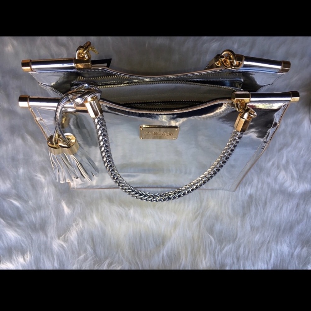 bebe Metallic Silver Natalie Large Tote Satchel
